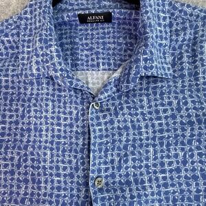 Alfani Mens Regular Fit Blue White Geometric Print Short Sleeve Button Up Large